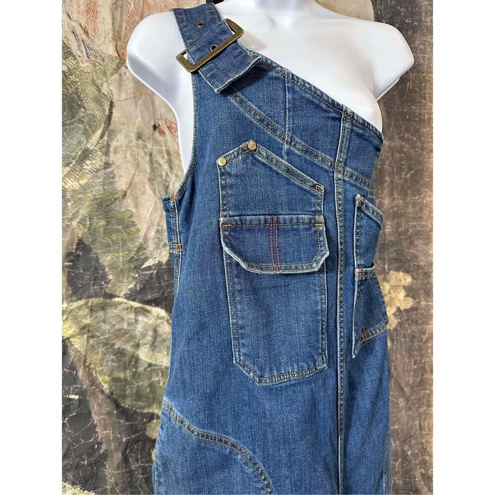 Anthropologie Dark Blue Denim Wide-Leg Asymmetric Overalls Jumpsuit - Picture 10 of 11